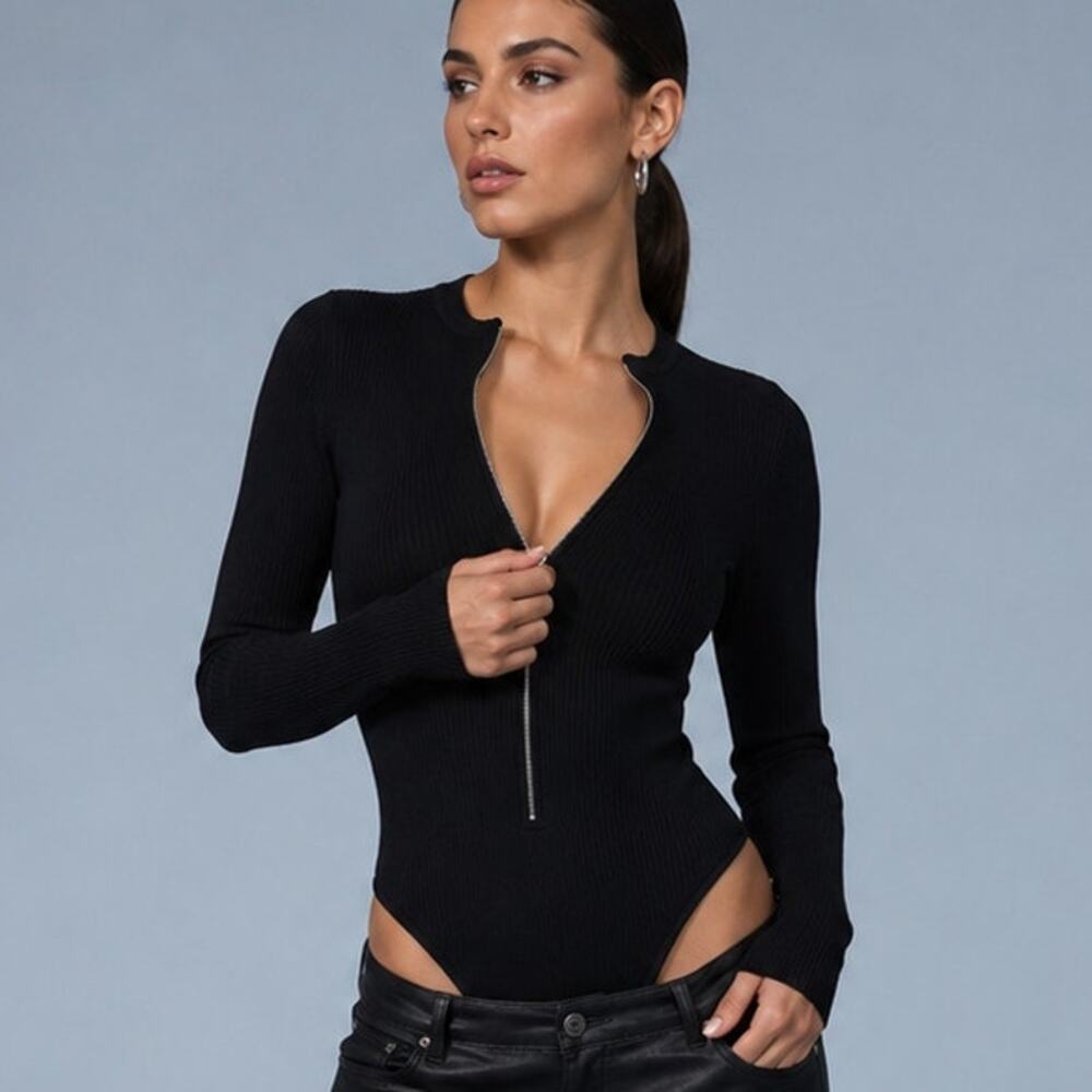 SER.O.YA Geo Rib Knit Zip Front Bodysuit Black Long Sleeve Small Office Siren